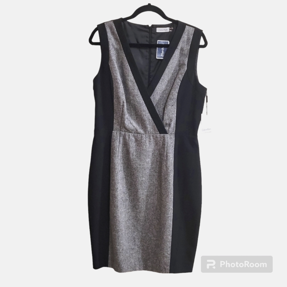 Calvin Klein Color Block Gray Tweed & Black Sleeveless V-Neck Dress Size 12 NWT